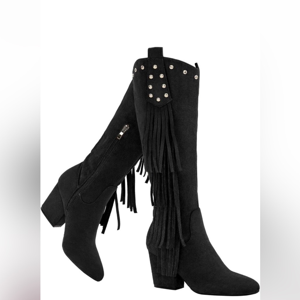 Women's Black Winter Fashion Chunky Heels With Side Zipper Pointed Toe Pull On